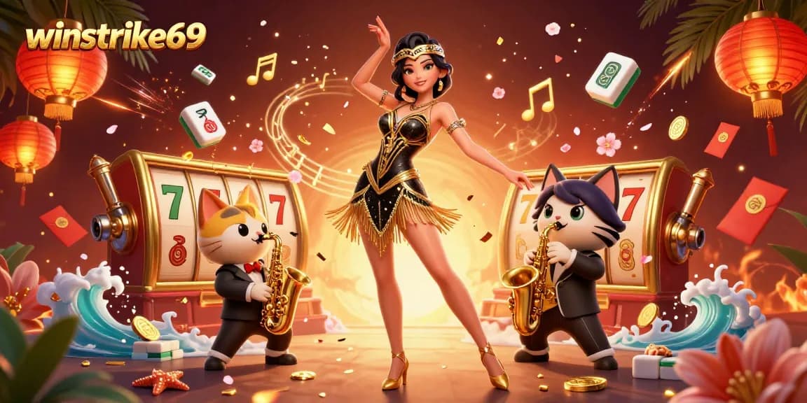 Winstrike69 showcases a vibrant dance scene with slot reels and festive elements for an engaging casino experience.