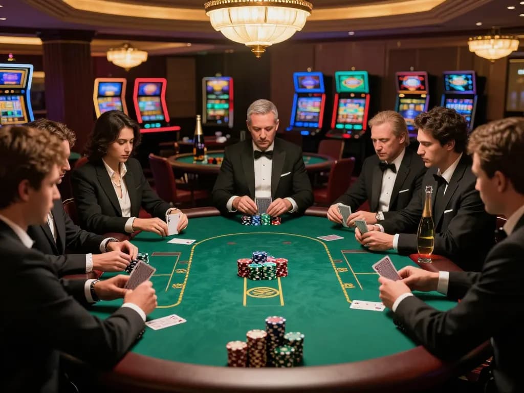 TG88 poker players strategizing at a high-stakes table in a luxury casino environment