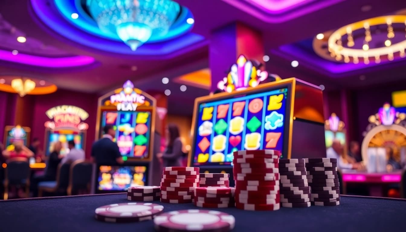 Engage with slot pragmatic play action at a luxurious casino featuring colorful slot machines.