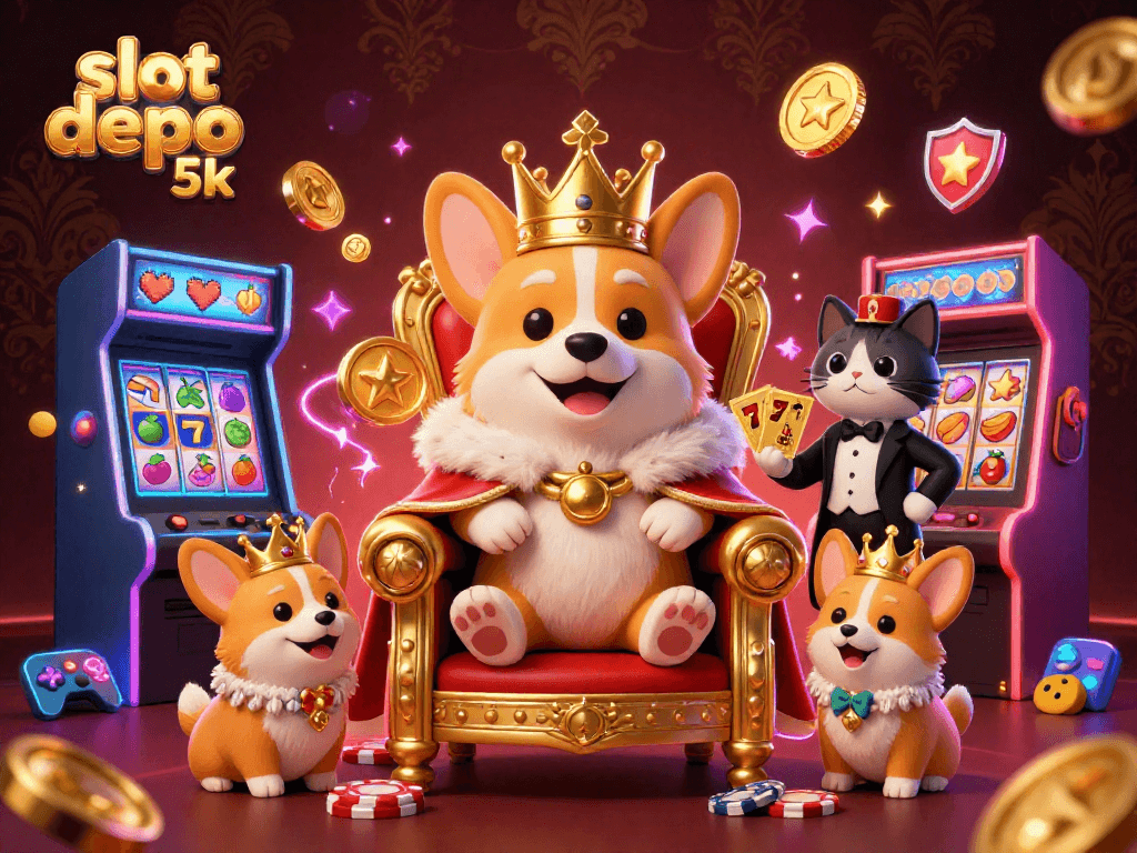 Experience the excitement of slot depo 5k with a royal corgi and a cat butler in a vibrant casino scene.