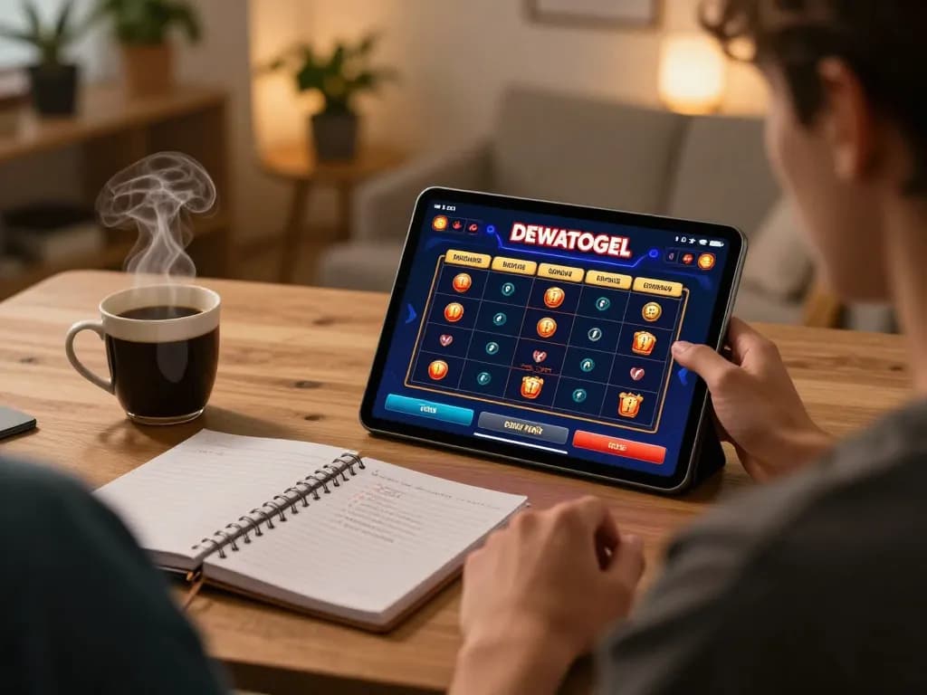 Player analyzing DEWATOGEL results on tablet while strategizing at home in a cozy setting.