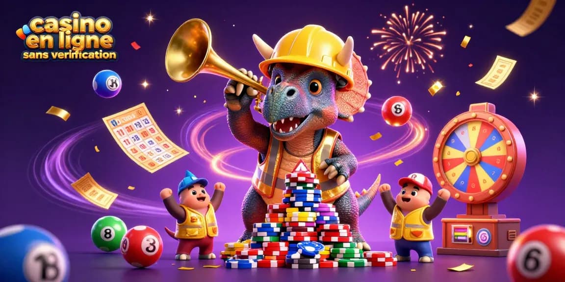 Jouez au casino en ligne sans vérification avec cette illustration dynamique festive de dinosaures animés célébrant des gains.