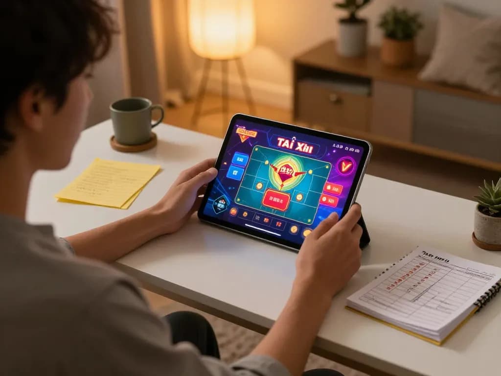 Engaged player using the app tài xỉu online uy tín for strategic betting in a modern gaming setup