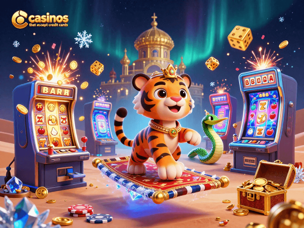 Experience casinos that accept credit cards with our vibrant 3D casino illustration featuring dynamic gaming elements.