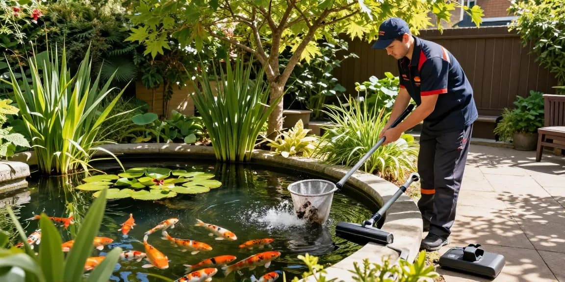 Professional Pond Cleaning London service in action, showcasing serene garden pond with koi fish.