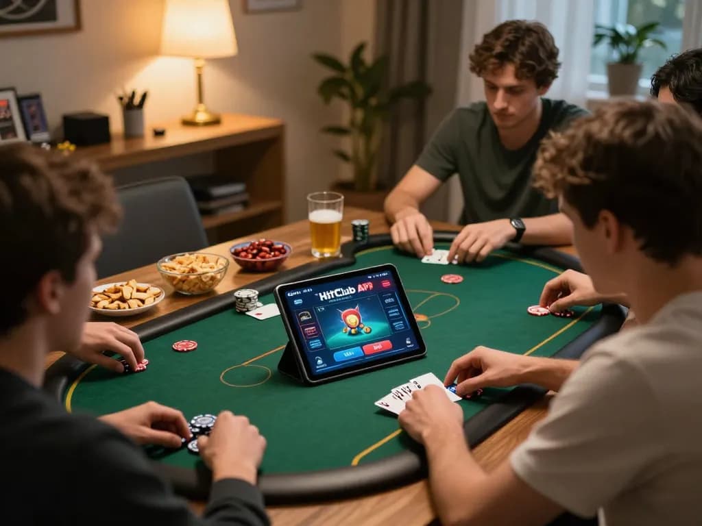 Engaging in online poker gameplay with HitClub APK on a tablet, showcasing snacks and drinks in a cozy setup
