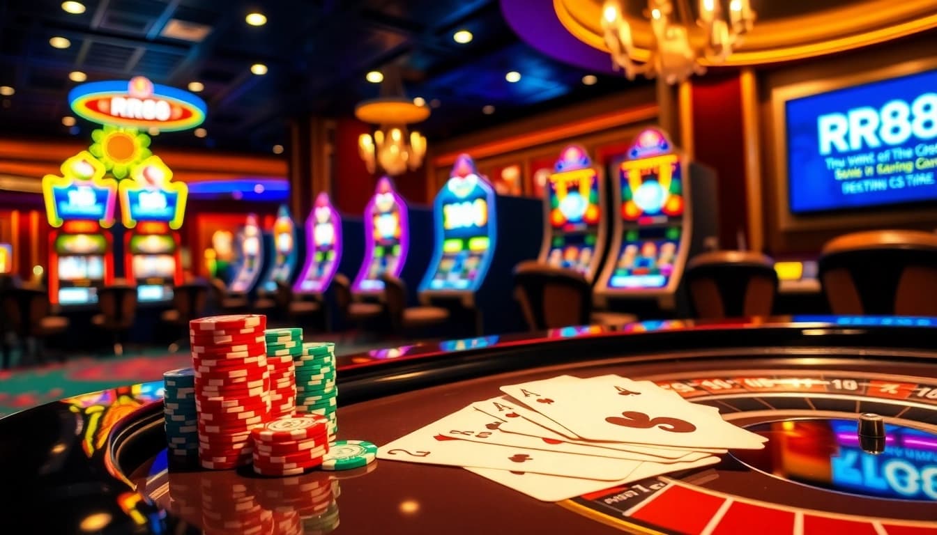 Play exciting casino games at RR88 with vibrant roulette tables and colorful slot machines.