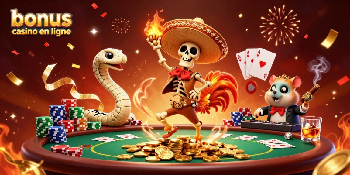 Jouez avec le bonus casino en ligne sur une scène festive remplie de personnages et d'éléments de jeu dynamique.