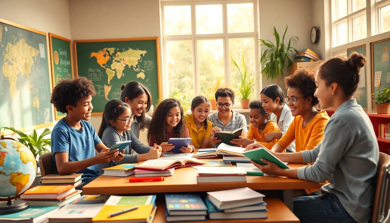Engaging education scene with diverse students collaborating in a vibrant classroom.