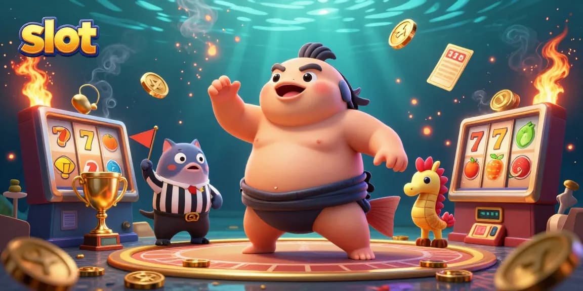 Immerse in the slot experience with a vibrant underwater scene featuring a fugu, catfish referee, and seahorse spectators.