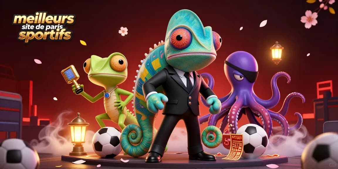 Illustration d'agent secret chameleon et ses amis dans un casino, mettant en avant les meilleurs sites de paris sportifs.