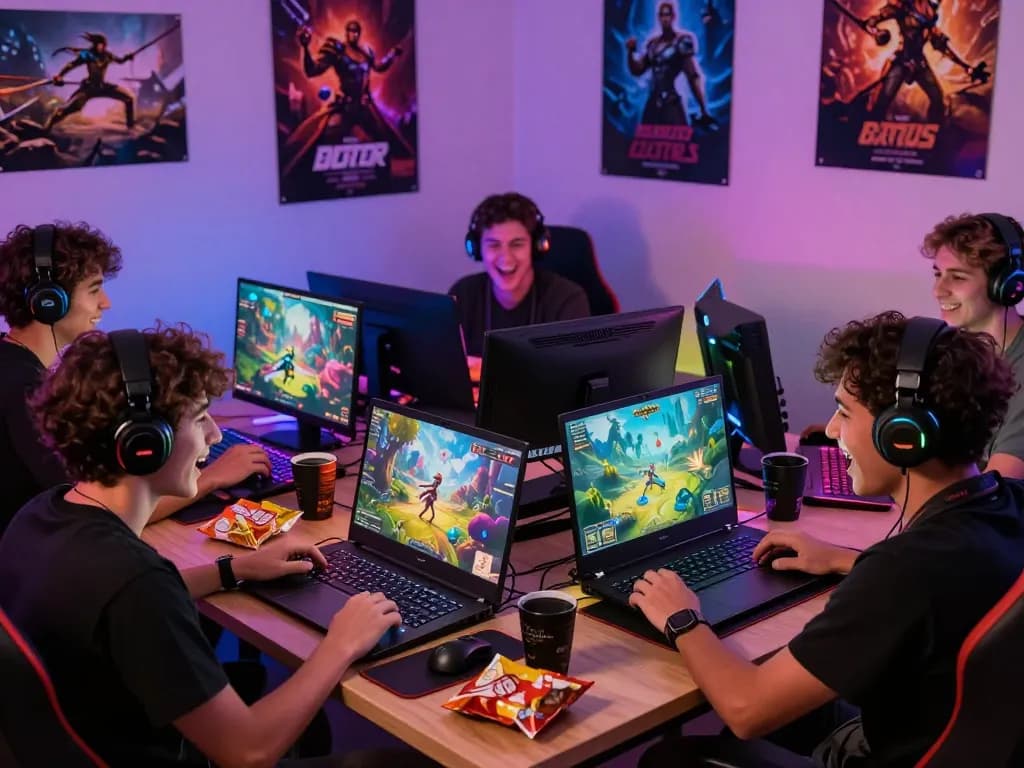 Two friends enjoying sex games online in a cozy gaming setup, vibrant graphics and atmosphere.