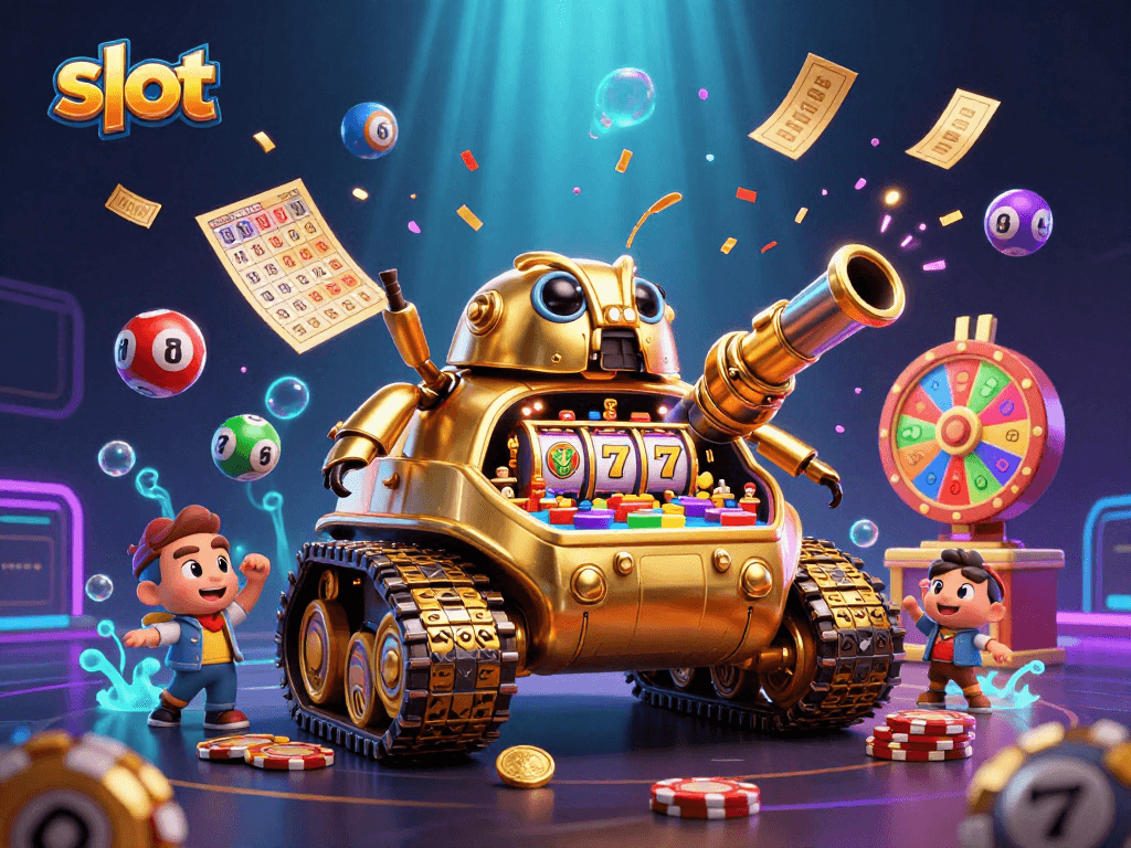 Experience exhilarating slot wins in a vibrant 3D casino scene filled with lucky symbols and colorful dynamic elements