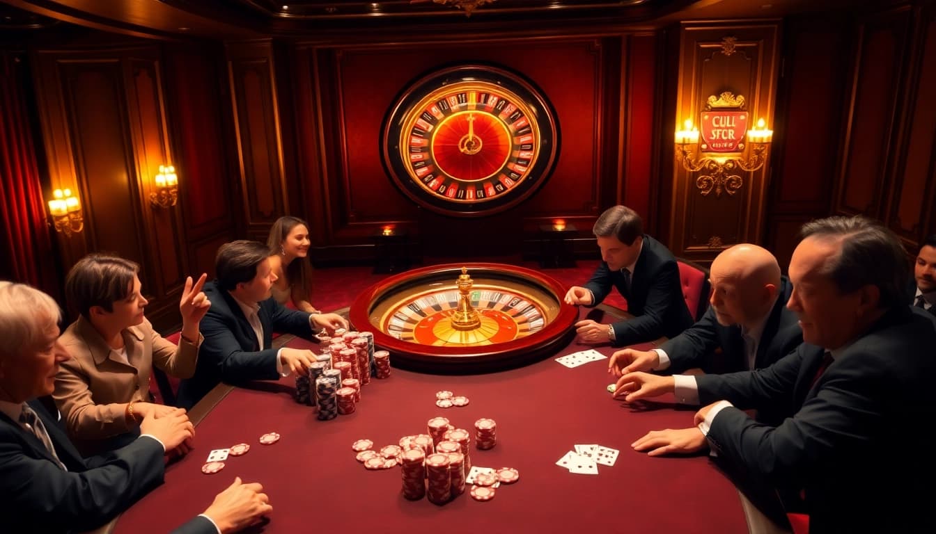 Scène excitante présentant des joueurs de poker gagnant à une table de casino en ligne fiable avec des jetons et des cartes.