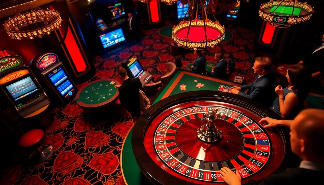Pemain menikmati suasana kasino yang terbakar semangat pakde4d, berfokus pada meja roulette yang meriah.
