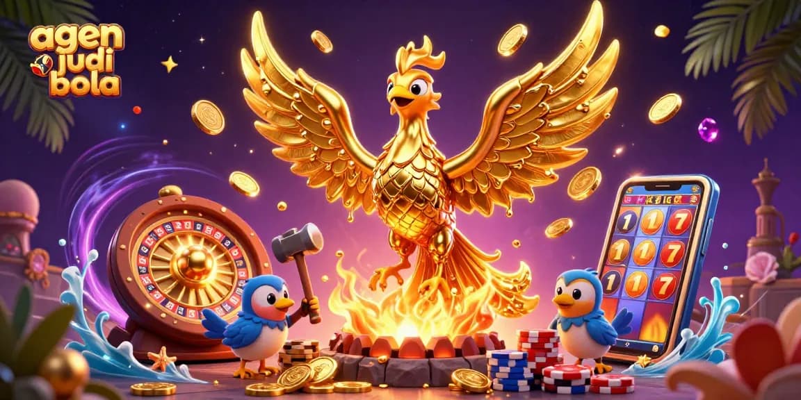Engage with agen judi bola through an enchanting 3D casino scene featuring a golden phoenix and winning elements.