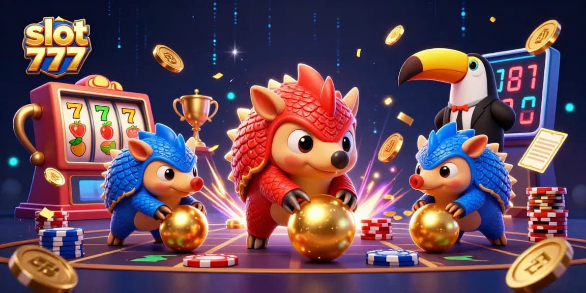 Rasakan keseruan slot 777 dengan pangolin bersaing dalam ilustrasi 3D, menjatuhkan koin emas dan poker chips.