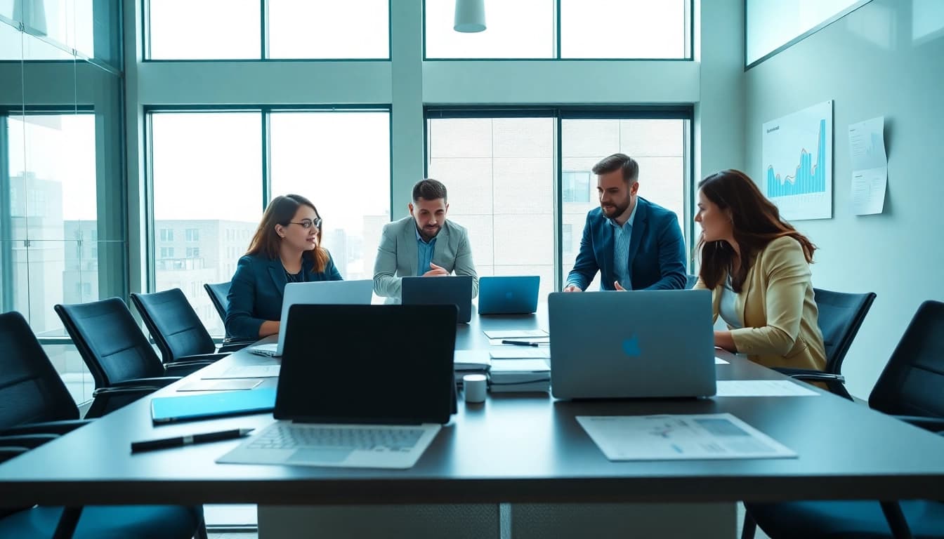 Engaged team collaborating on a Bid-No-Bid Analysis in a modern office.