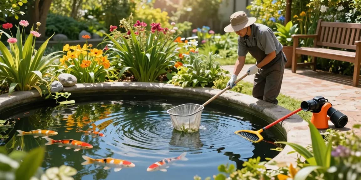 Professional Pond Cleaning London: Expert gardener cleaning a serene garden pond with vibrant aquatic life.
