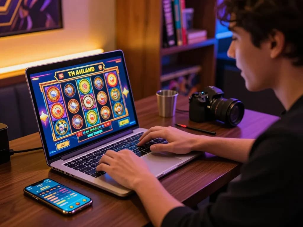 Engaging in slot thailand gameplay on a laptop with vibrant visuals and strategic apps.