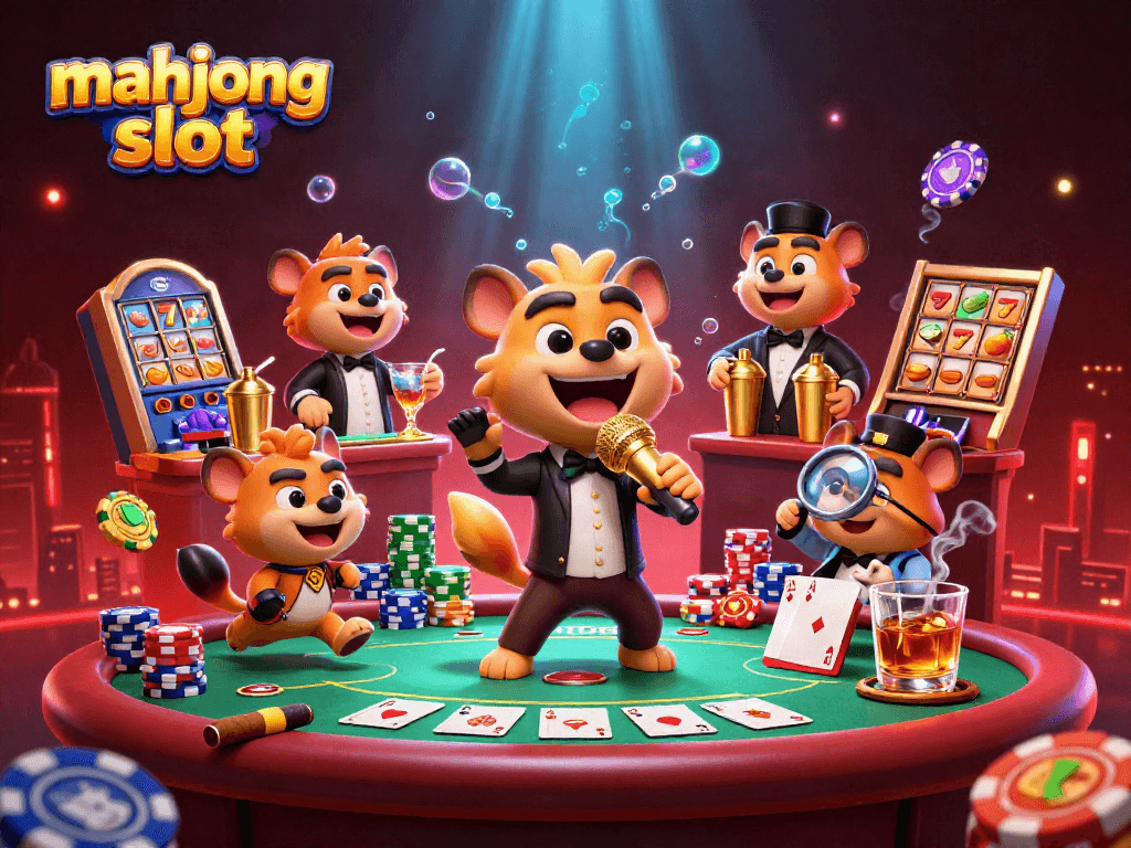 Engage with mahjong slot excitement in this colorful casino scene with hyena characters.