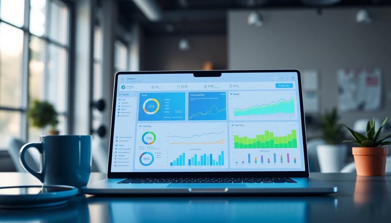 Visualizing an smm reseller panel on a laptop screen with dynamic analytics in an office environment.