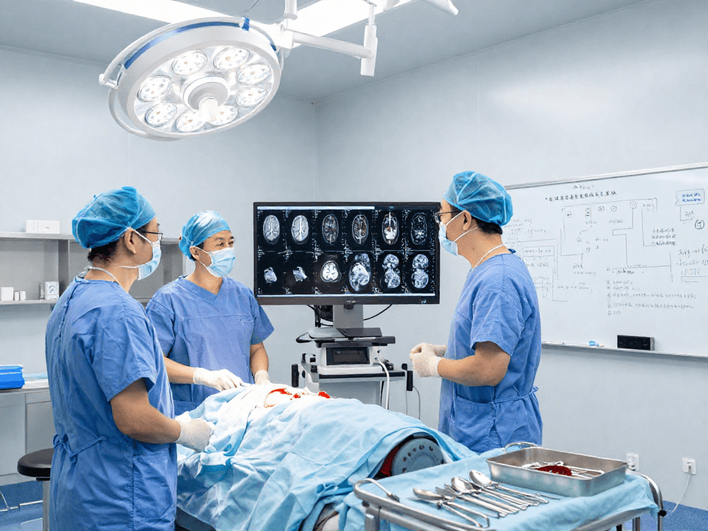 Beyin tümörü ameliyatı preparation scene with surgical team discussing patient details in a sterile operating room.