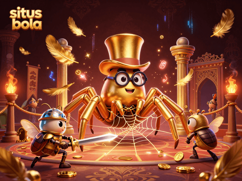 Watch a golden tarantula weave a web of fortune at situs bola amid sparkling coins and thrilling atmosphere.