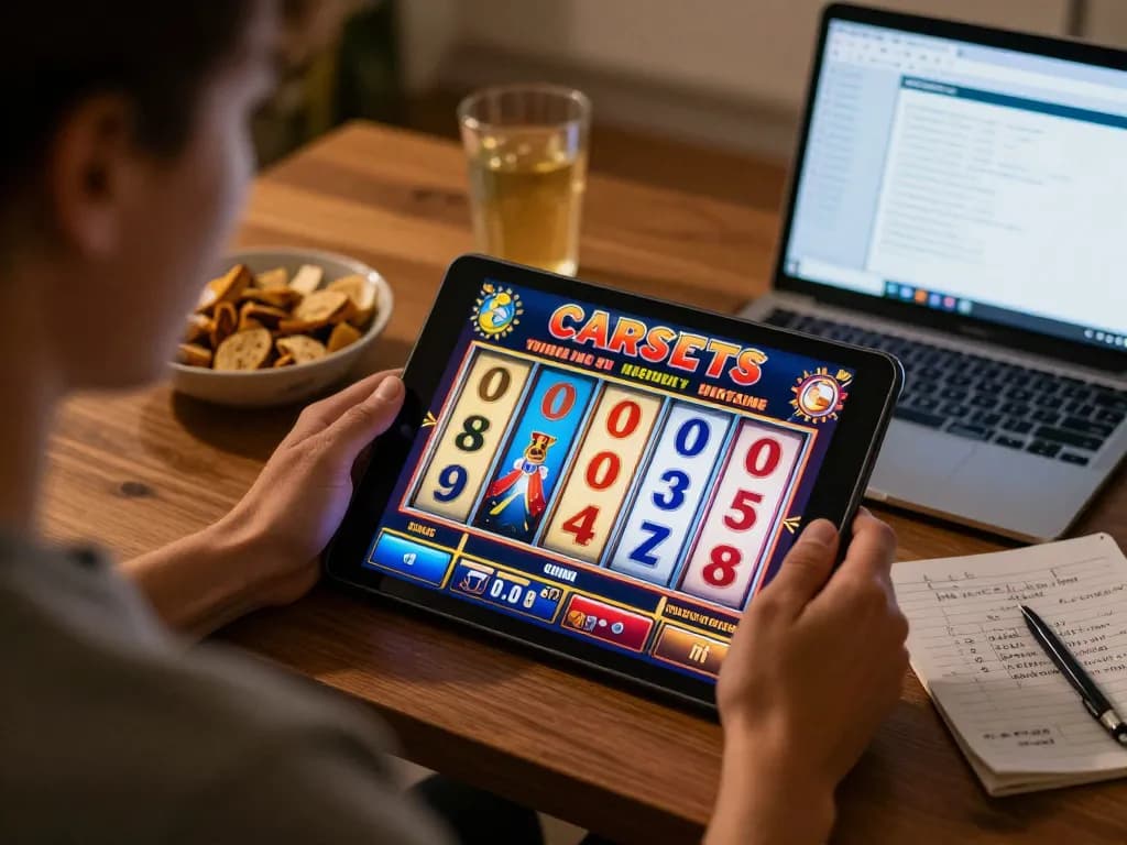 Engaged player enjoying the slot bonus new member 100 on tablet in cozy home setting