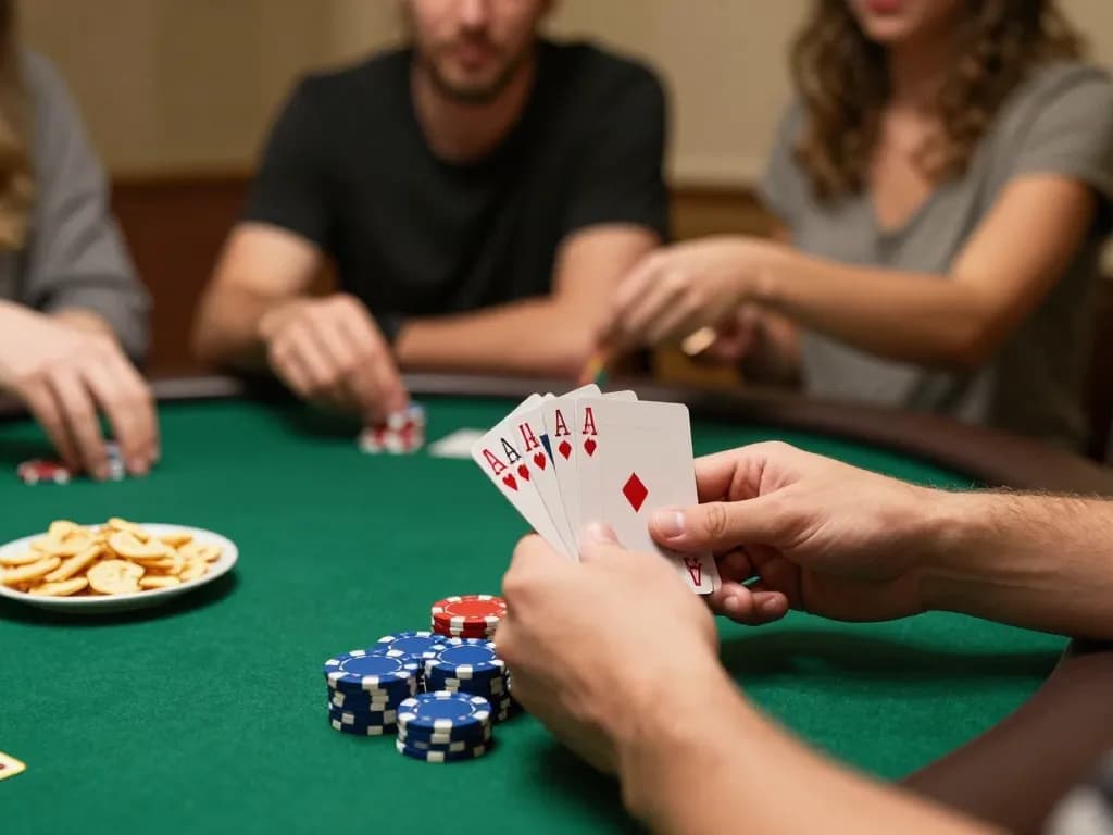 Player analyzing winning hand in poker, engaging with the hidden wiki community.