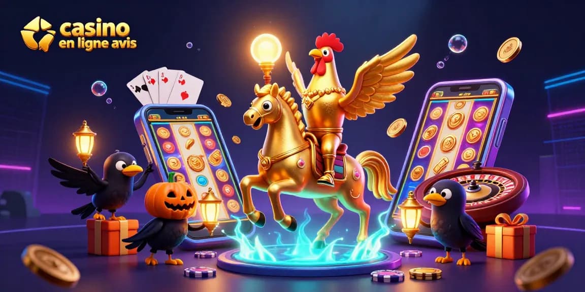 Découvrez les avis sur casino en ligne avec des éléments de jeu captivants dans une illustration animée.