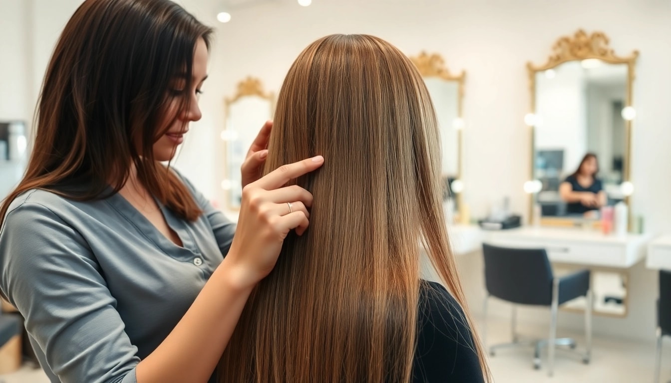 Applying genius weft hair extensions to create beautiful, voluminous hair in a modern salon.