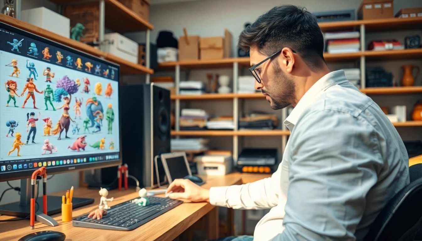 3D Animation Prozess in einem kreativen Studio mit lebendigen Modellen und einem animierenden Designer.