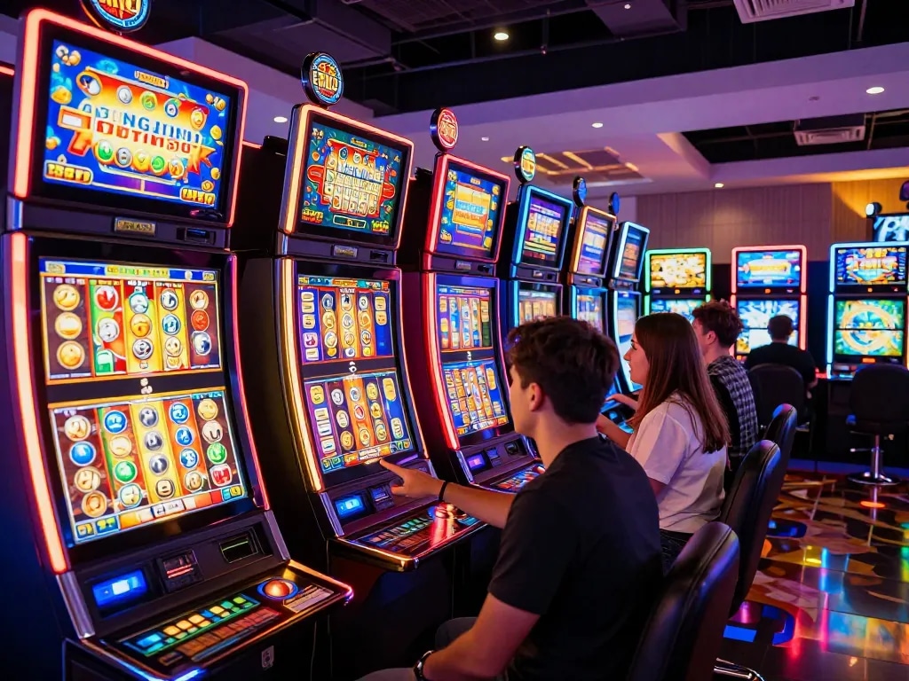 Exciting slot gacor gameplay with players enjoying vibrant slot machines at a modern casino