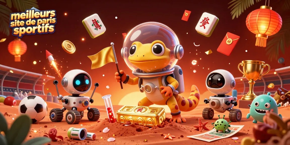 Découvrez les meilleurs sites de paris sportifs avec une illustration colorée de l'univers des paris sportifs, mettant en scène un gecko martien et des éléments de casino.