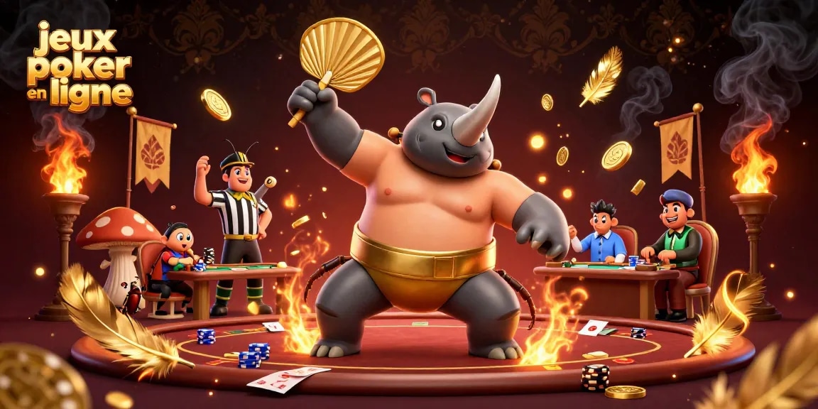Jouez à des jeux de poker en ligne avec un scarabée sumo et des spectateurs en scène animée.