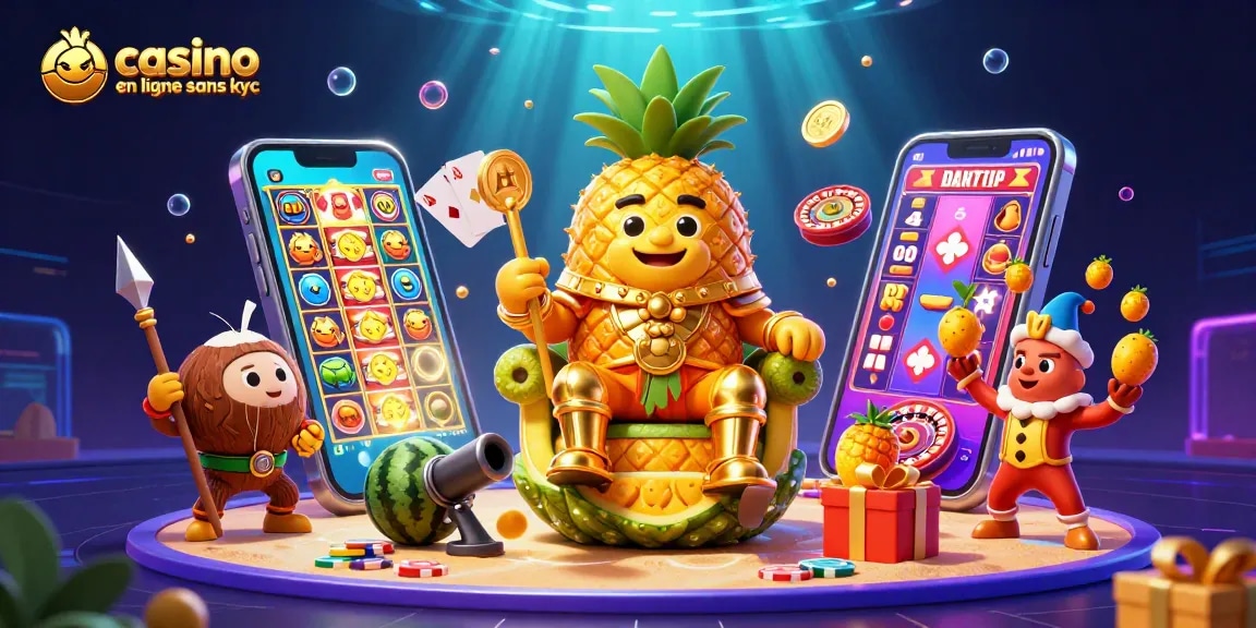 Jouez sur un casino en ligne sans KYC avec des personnages amusants au bord de la plage, entourés de jeux de casino.