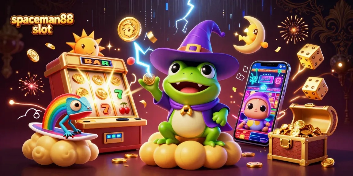 Experience the thrill of spaceman88 slot with a vibrant scene of a wizard frog and chameleon amidst golden coins.