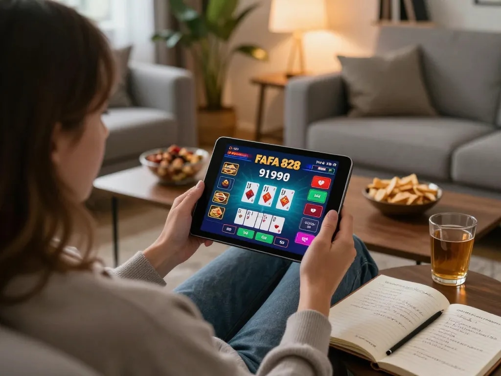 Engaged in FAFA 828 online casino gaming strategy at home, with detailed betting notes visible.