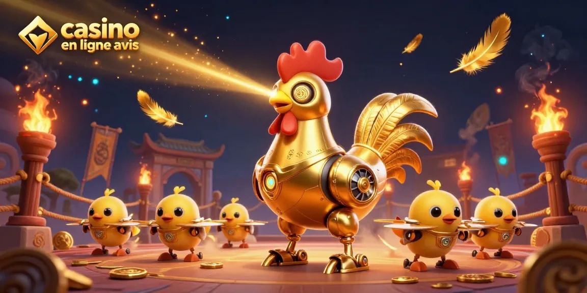 Aperçu du casino en ligne avis avec un robot poulet en or futuriste entouré de jetons d'argent et de pièces.