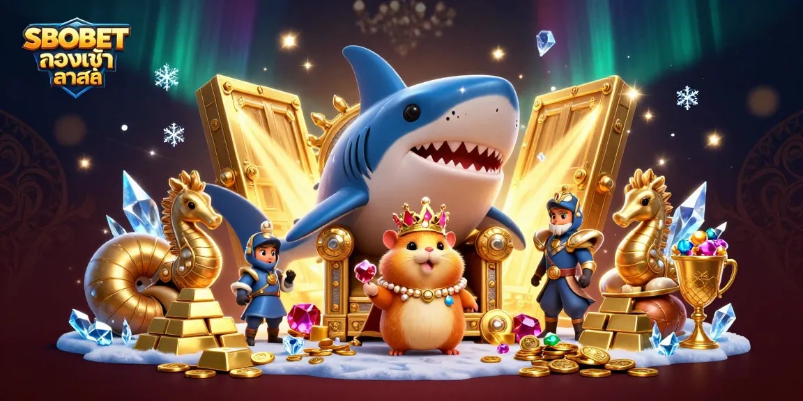 Experience the thrill with SBOBET ทางเข้า ล่าสุด featuring a golden hamster king among treasure in a 3D casino world.