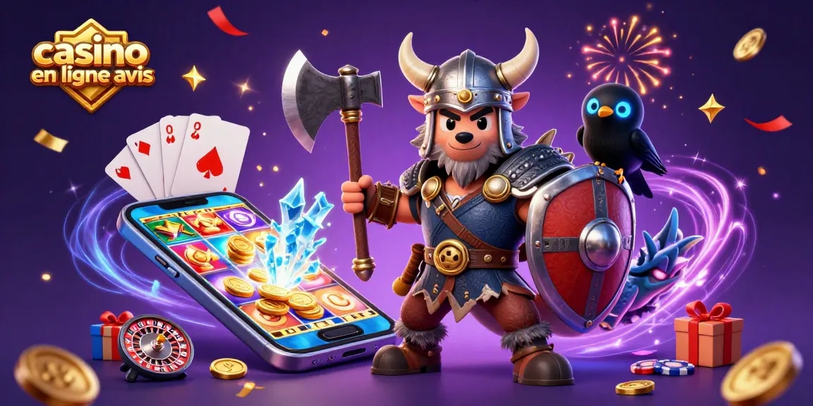 Visualisez le casino en ligne avis avec un ancien guerrier Viking et un dragon, entourés de jeux de casino.