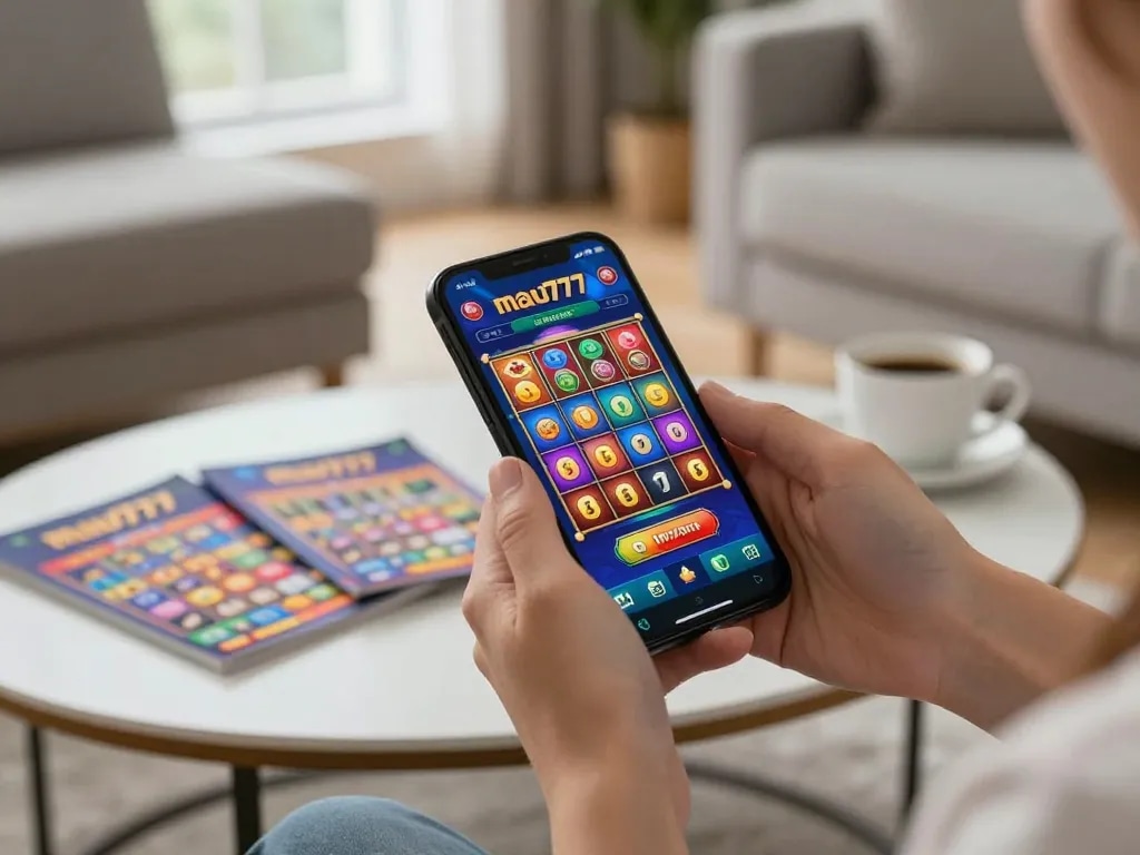 Engaging moment with mau777 slot app showing winning reels in a cozy home gaming atmosphere
