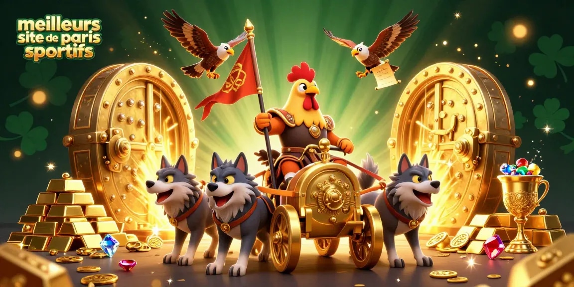 Illustration dynamique représentant un seigneur des coqs sur son chariot doré, promouvant les meilleurs sites de paris sportifs.