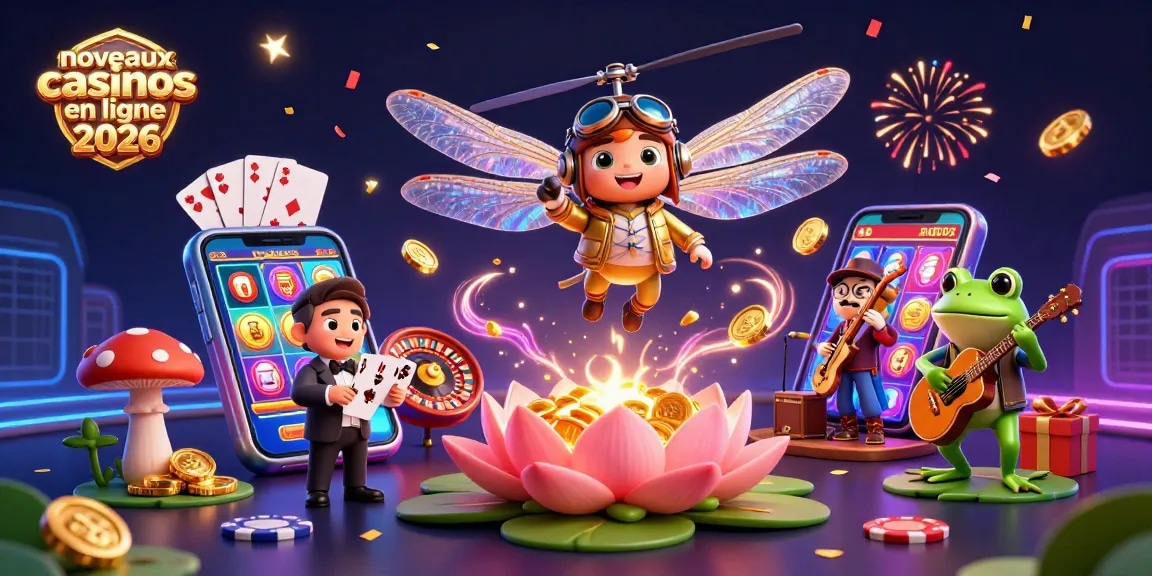 Nouveaux casinos en ligne 2026 : le dragon volant sur un casino de nénuphars dans un décor festif.