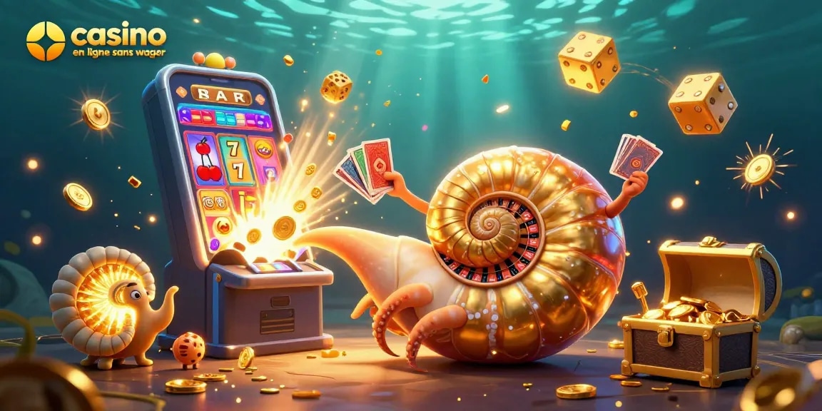 Illustration d'un casino en ligne sans wager avec un nautilus géant, jackpot et couleurs vives.