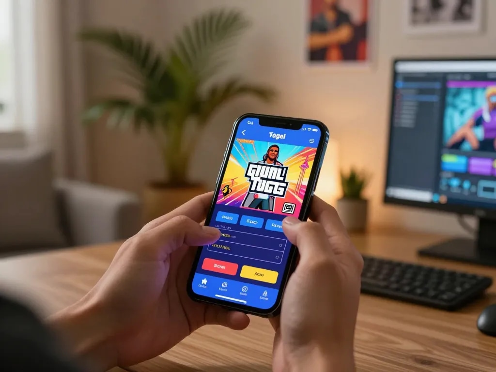 Betting on GTA Togel mobile app in a cozy home office setup, enhancing strategic gambling