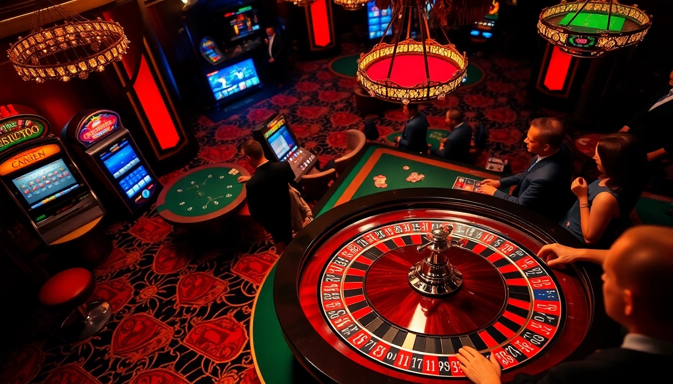Pemain menikmati suasana kasino yang terbakar semangat pakde4d, berfokus pada meja roulette yang meriah.
