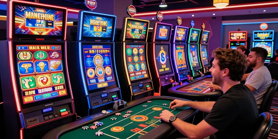 Excited players at a credit card casino enjoying vibrant online gaming with colorful slots and tables in 2026.