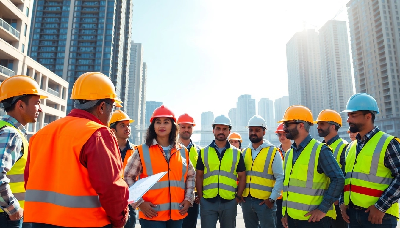 Engaged learners participating in construction safety classes outdoors in an urban environment.